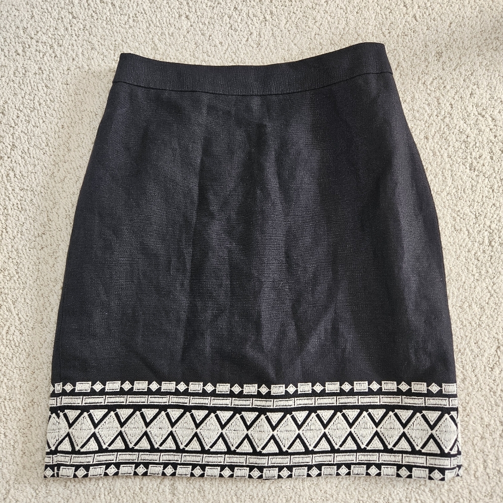 Kate Spade Skirt The Rules Linen Blend Black Geometric Embroidered Womens 8
